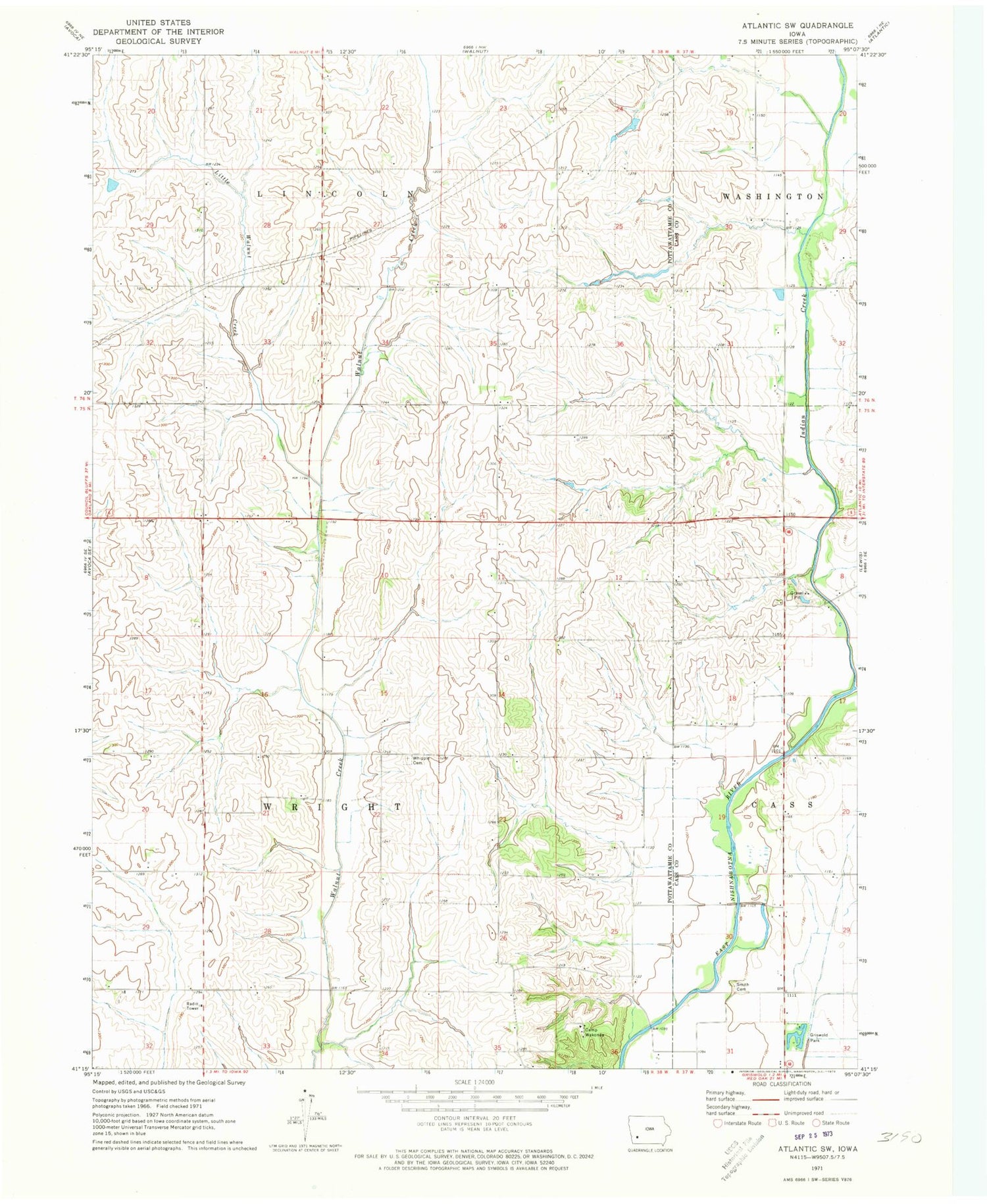 Classic USGS Atlantic SW Iowa 7.5'x7.5' Topo Map Image