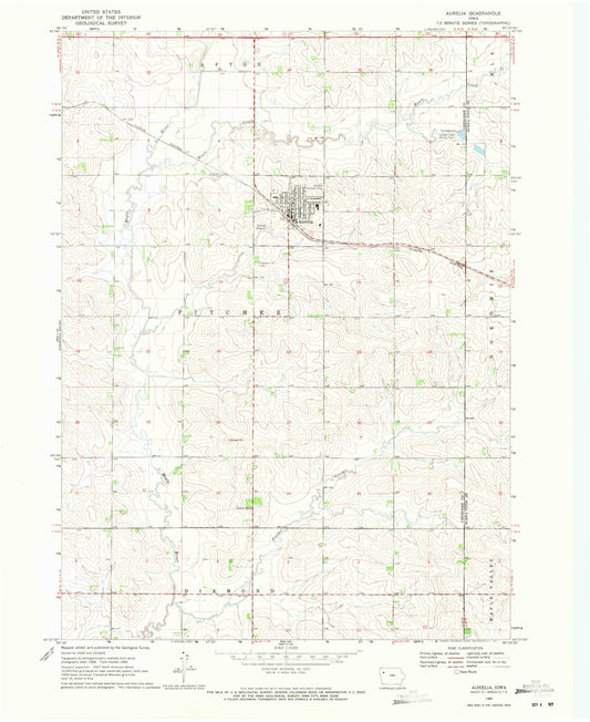 Classic USGS Aurelia Iowa 7.5'x7.5' Topo Map Image