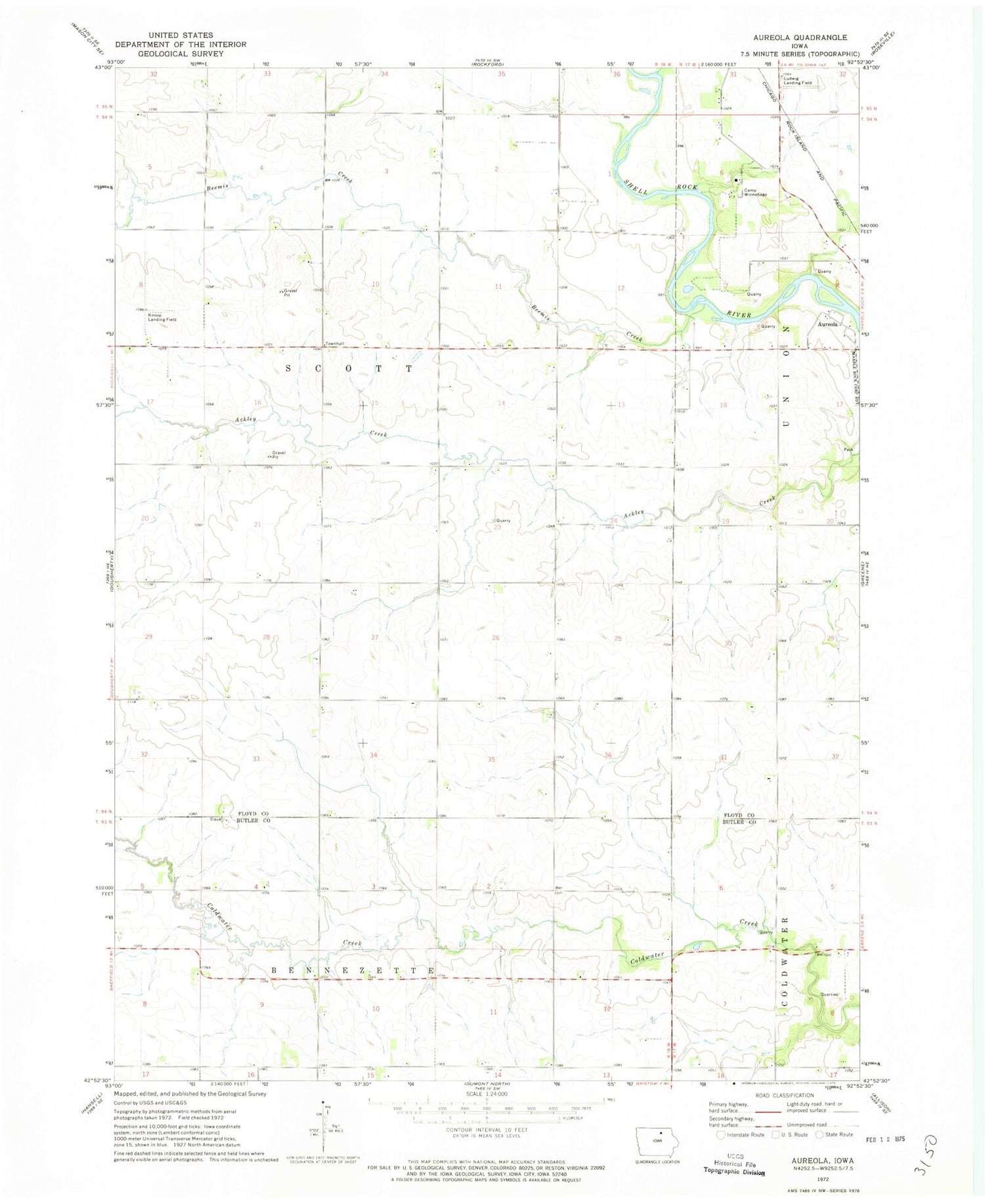 Classic USGS Aureola Iowa 7.5'x7.5' Topo Map Image