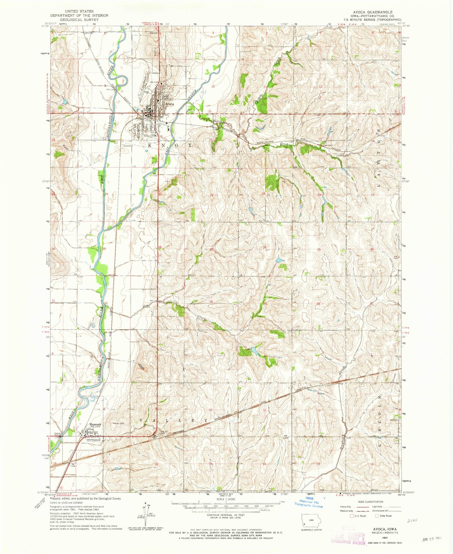 Classic USGS Avoca Iowa 7.5'x7.5' Topo Map Image