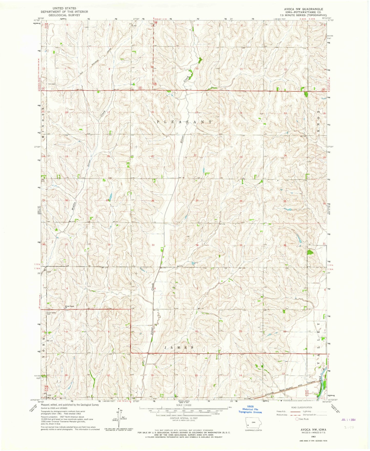 Classic USGS Avoca NW Iowa 7.5'x7.5' Topo Map Image