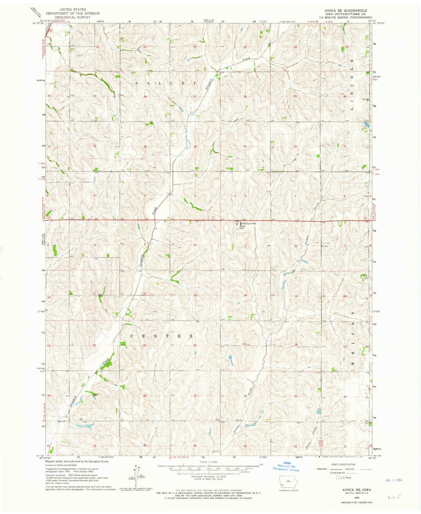 Classic USGS Avoca SE Iowa 7.5'x7.5' Topo Map Image