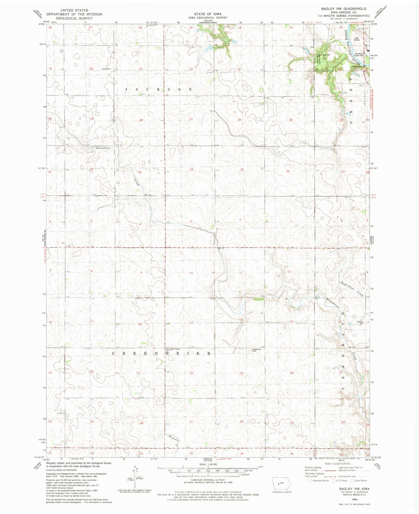 Classic USGS Bagley NW Iowa 7.5'x7.5' Topo Map Image