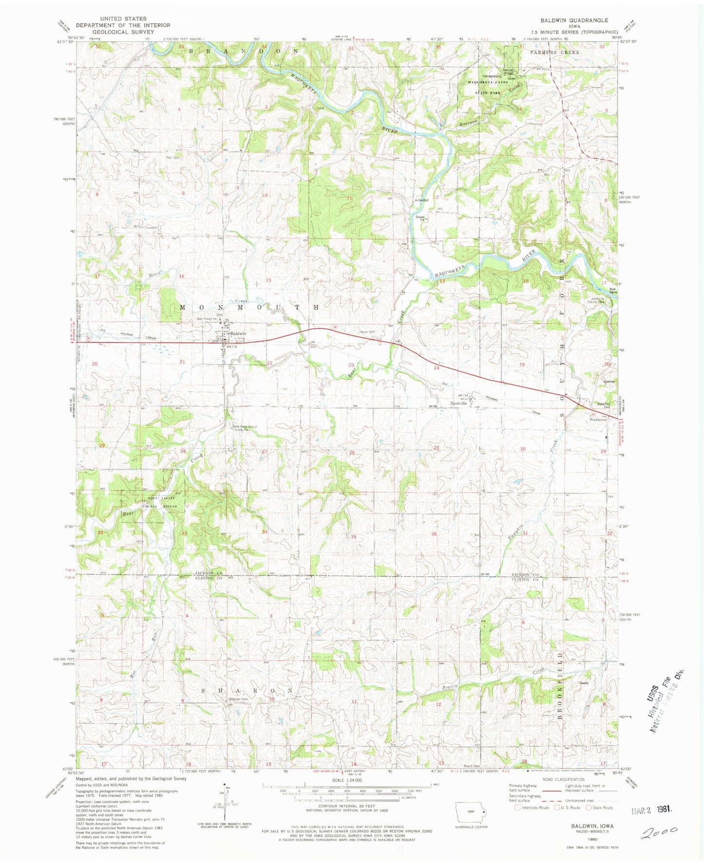 Classic USGS Baldwin Iowa 7.5'x7.5' Topo Map Image