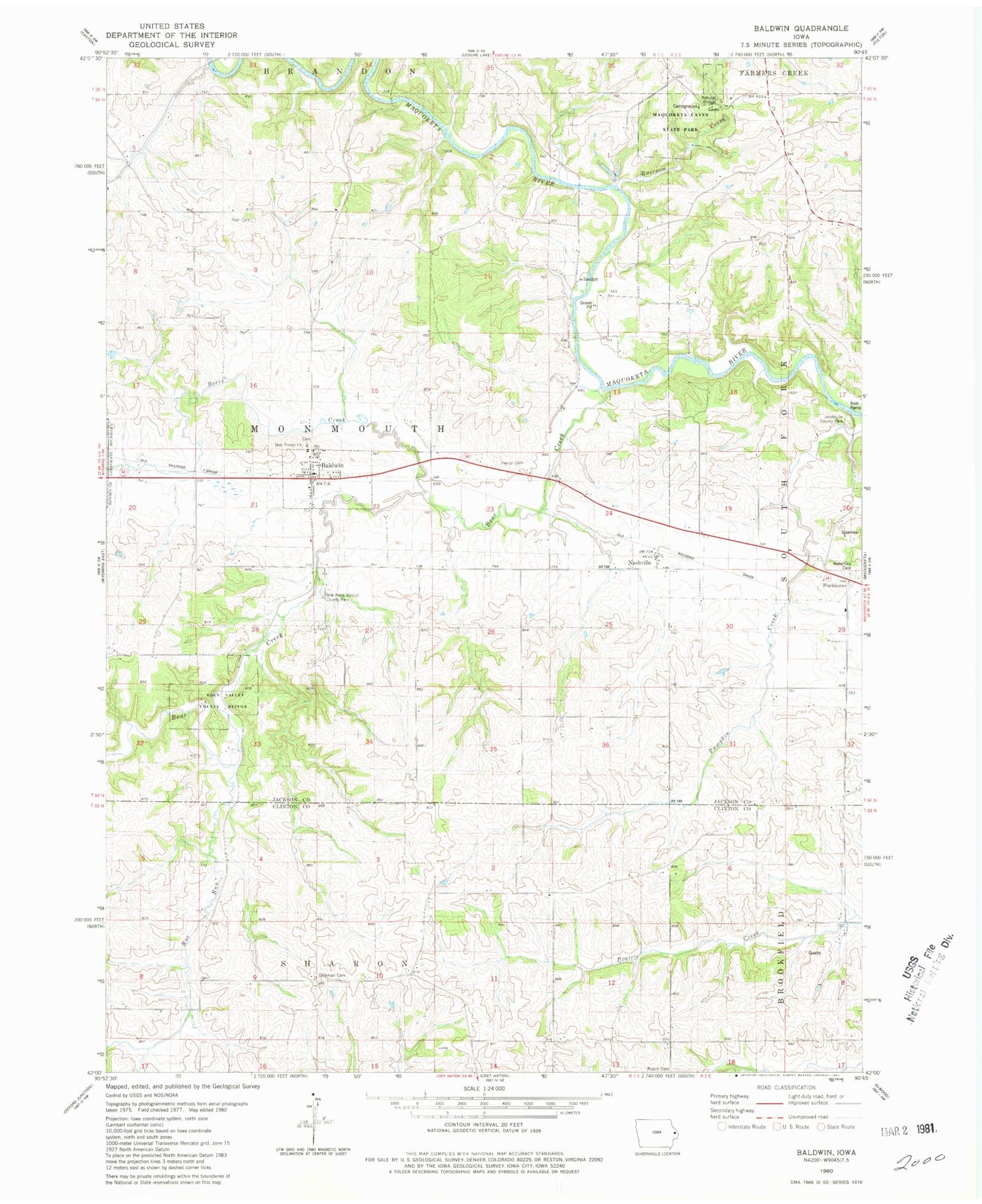 Classic USGS Baldwin Iowa 7.5'x7.5' Topo Map Image