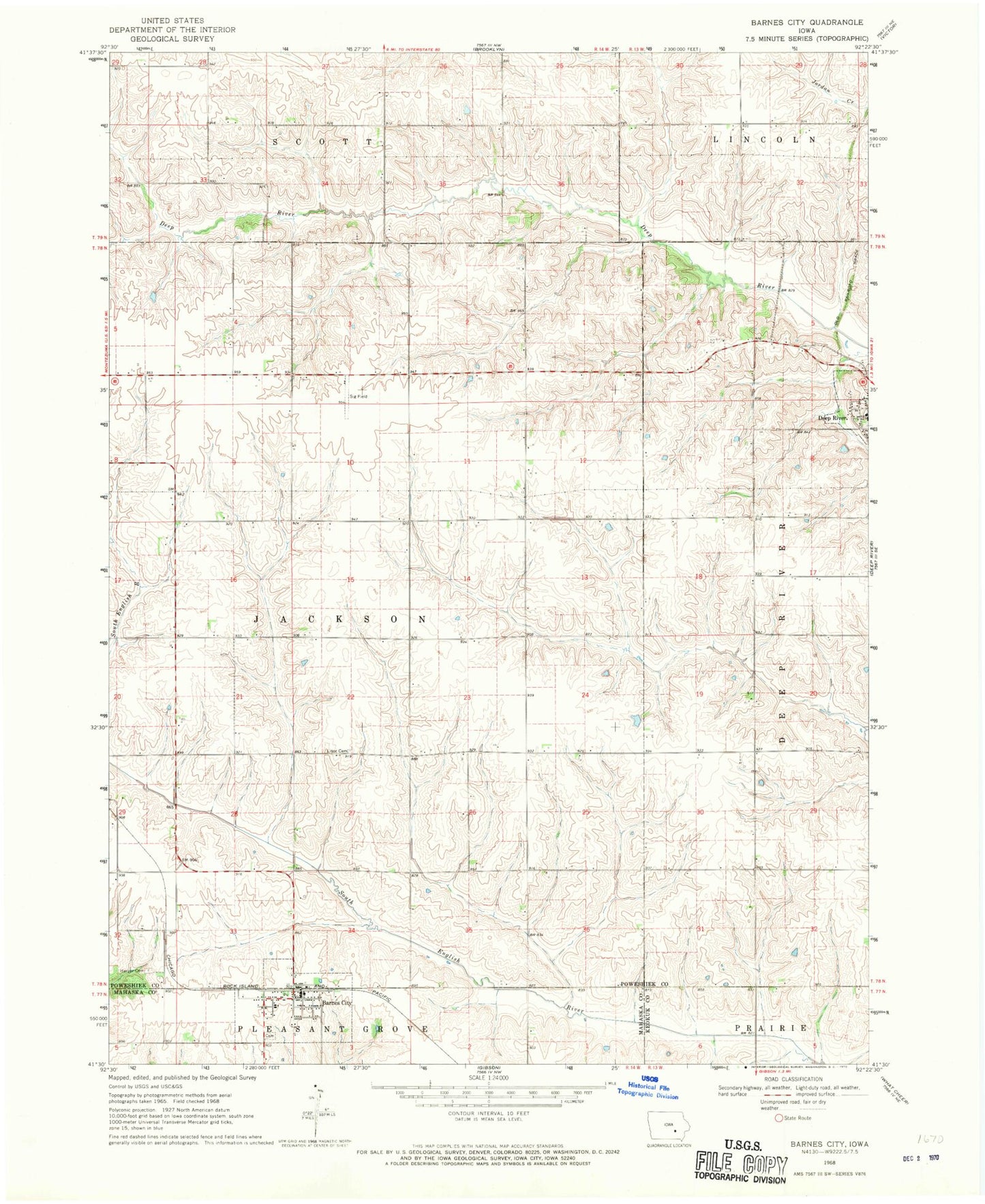 Classic USGS Barnes City Iowa 7.5'x7.5' Topo Map Image
