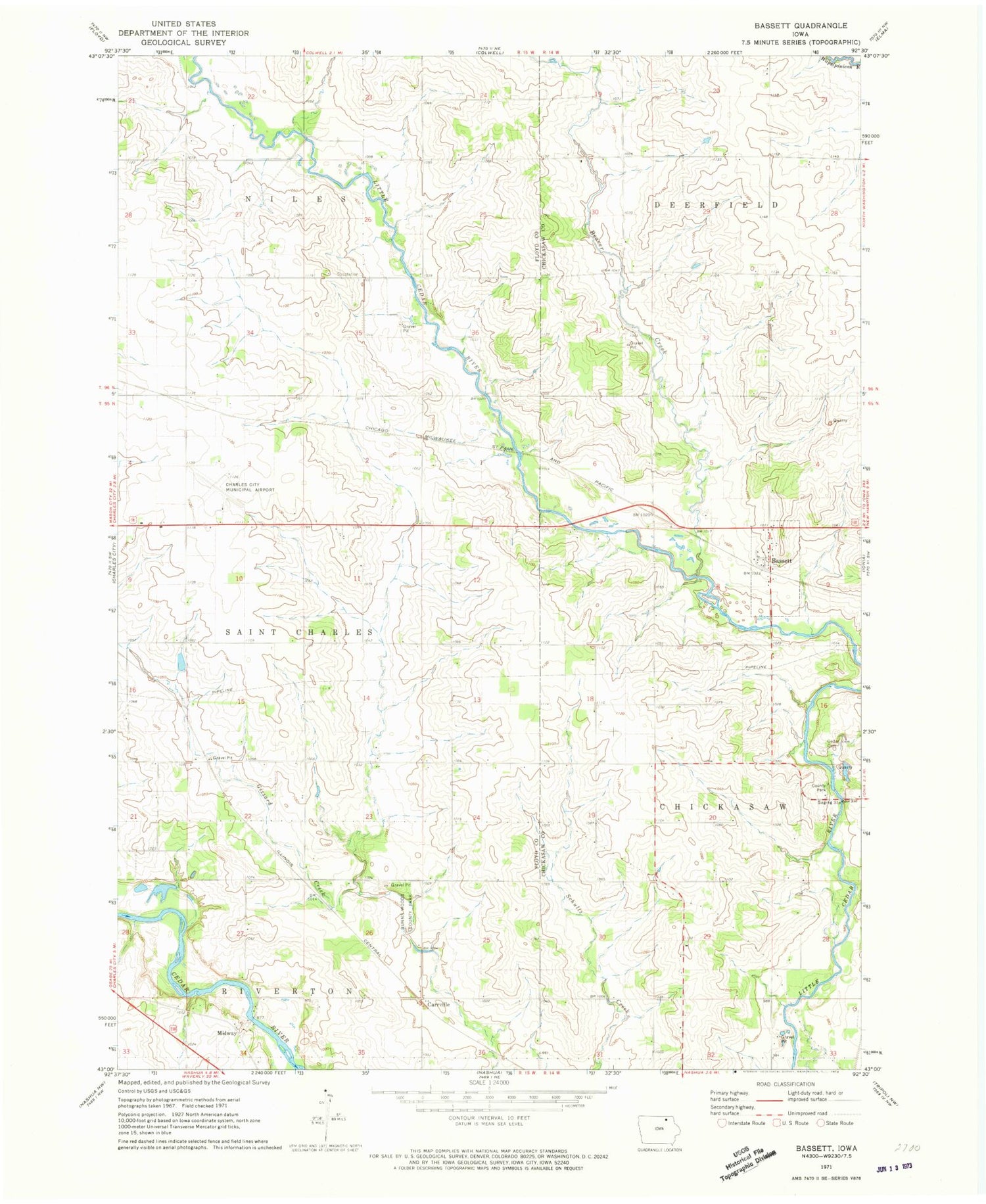 Classic USGS Bassett Iowa 7.5'x7.5' Topo Map Image