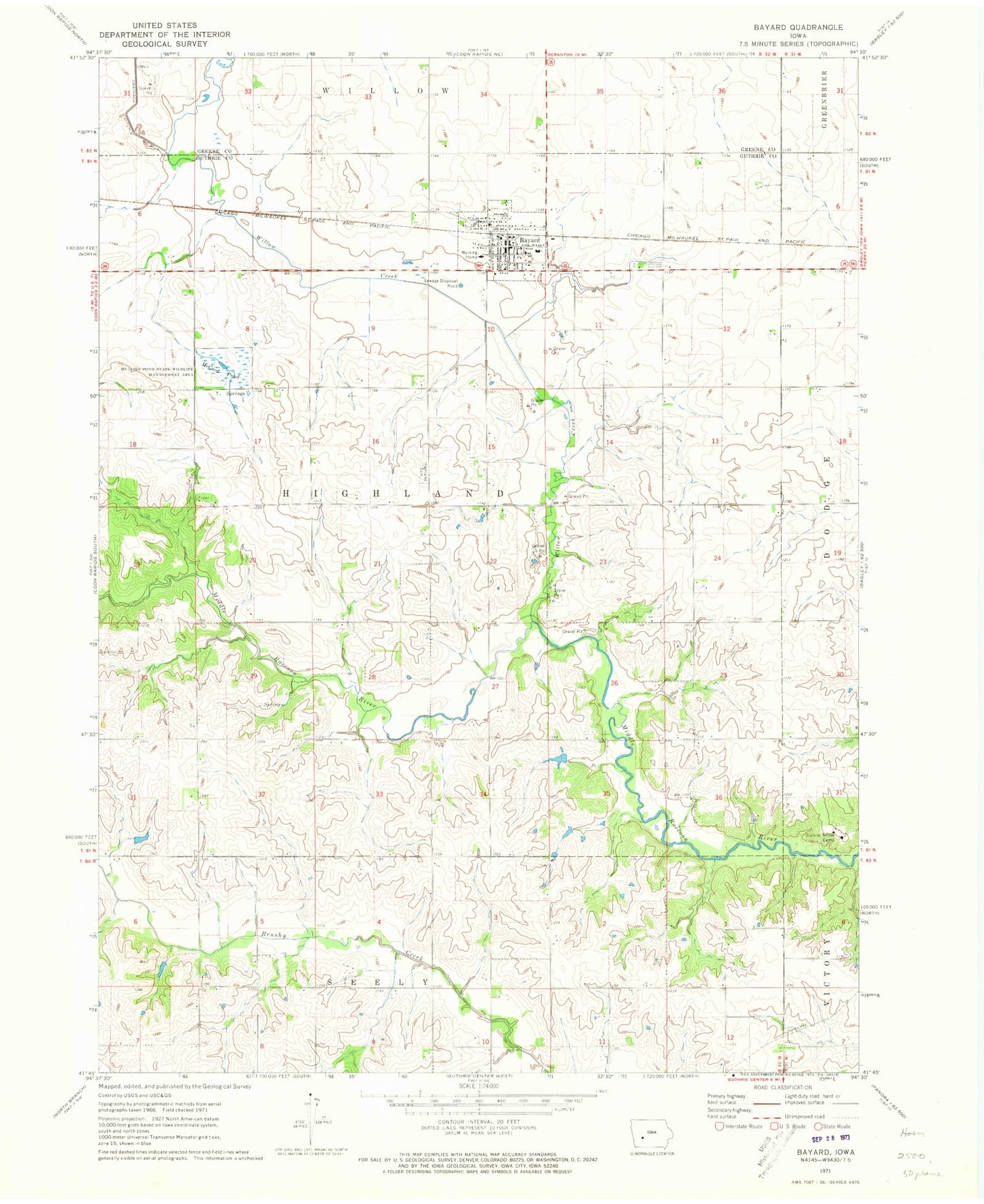Classic USGS Bayard Iowa 7.5'x7.5' Topo Map Image