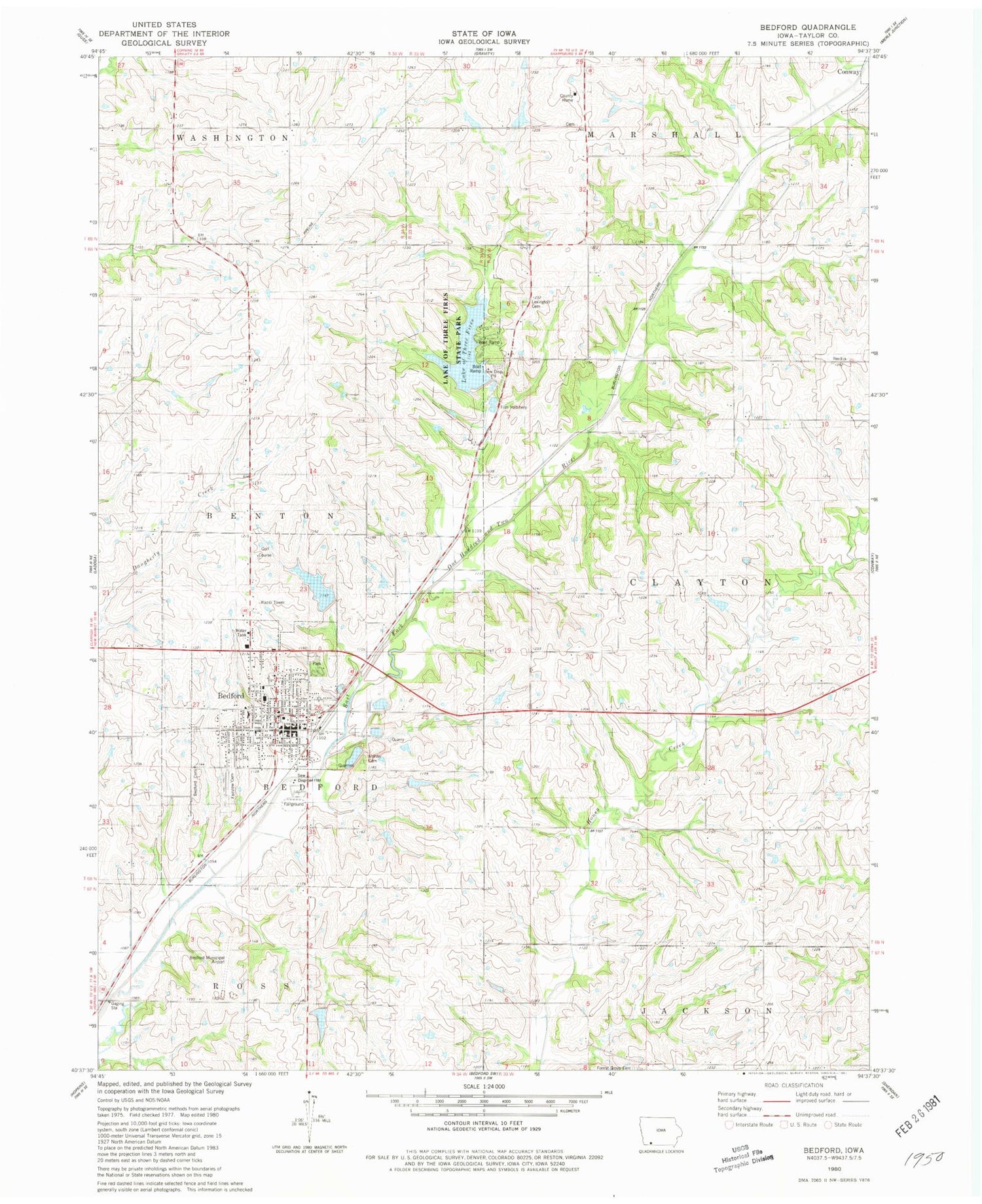 Classic USGS Bedford Iowa 7.5'x7.5' Topo Map Image