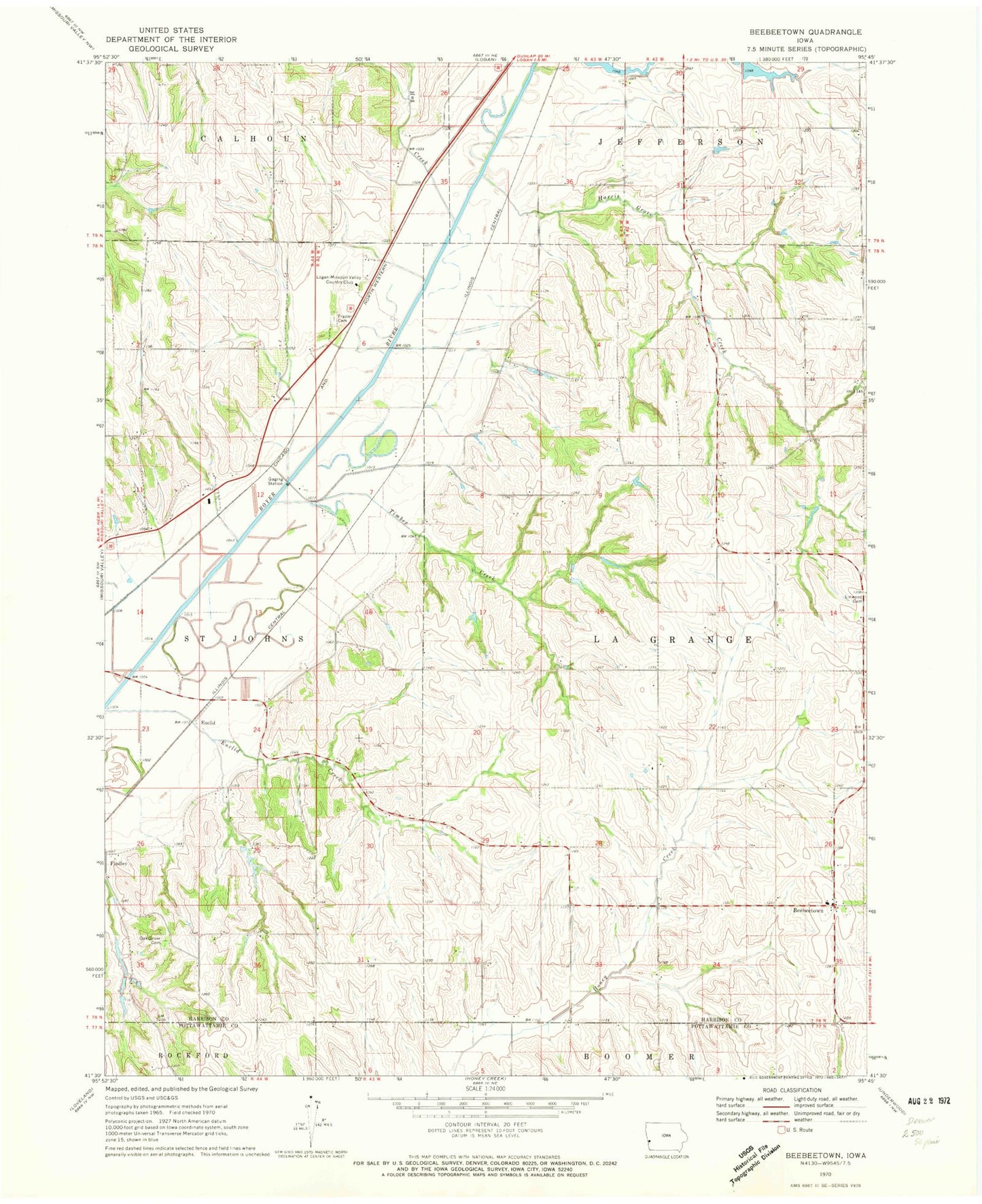 Classic USGS Beebeetown Iowa 7.5'x7.5' Topo Map Image