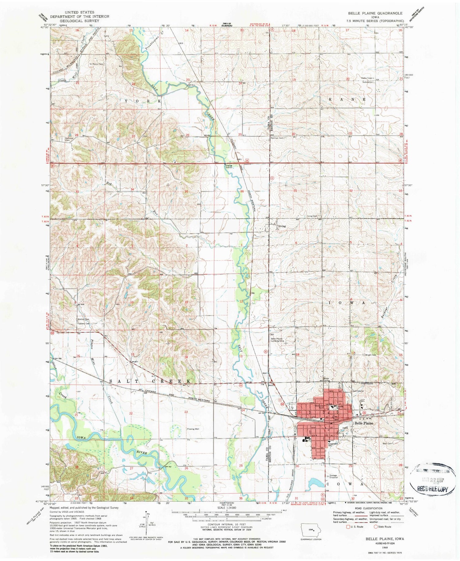 Classic USGS Belle Plaine Iowa 7.5'x7.5' Topo Map Image