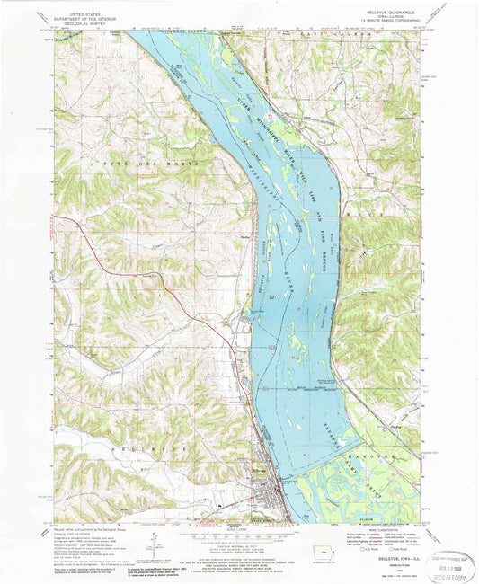 Classic USGS Bellevue Iowa 7.5'x7.5' Topo Map Image