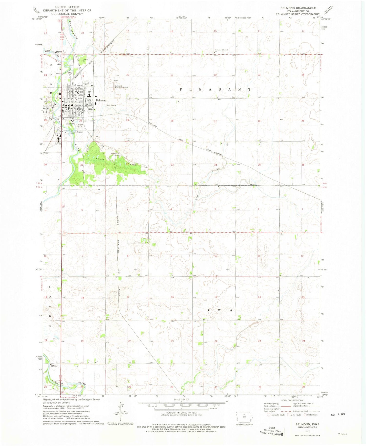 Classic USGS Belmond Iowa 7.5'x7.5' Topo Map Image
