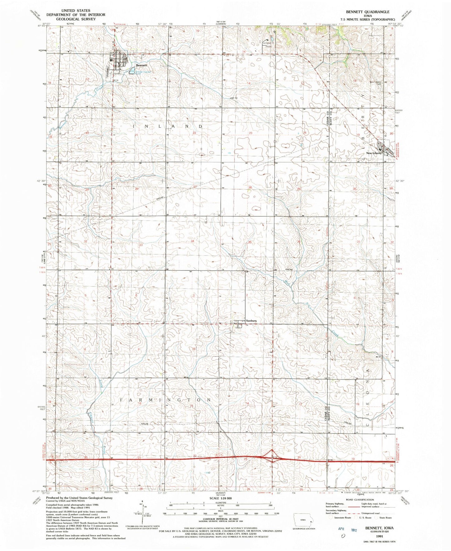 Classic USGS Bennett Iowa 7.5'x7.5' Topo Map Image