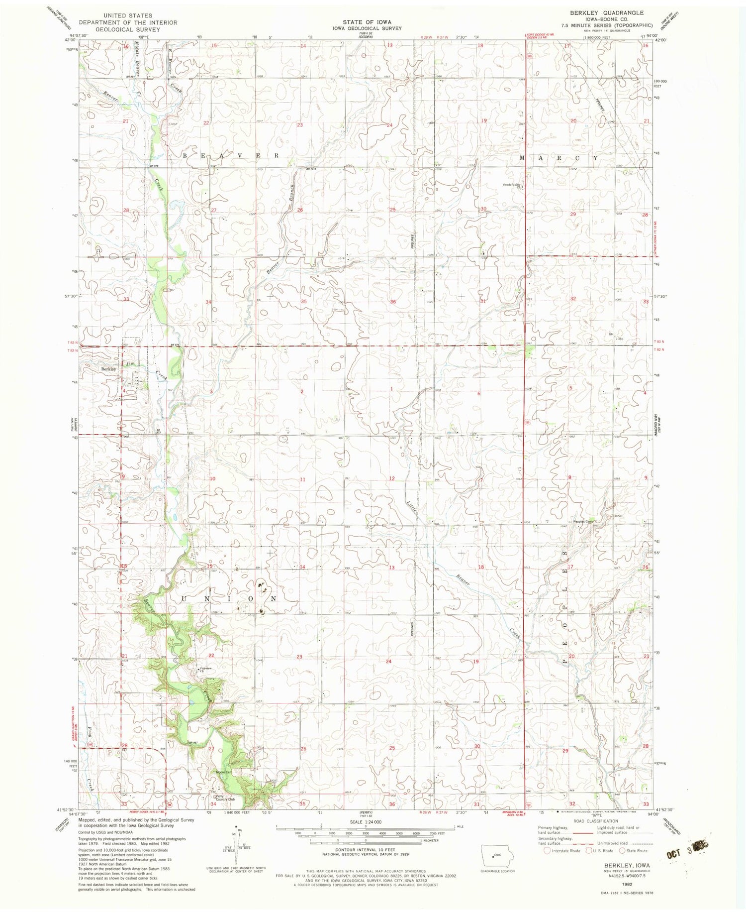 Classic USGS Berkley Iowa 7.5'x7.5' Topo Map Image