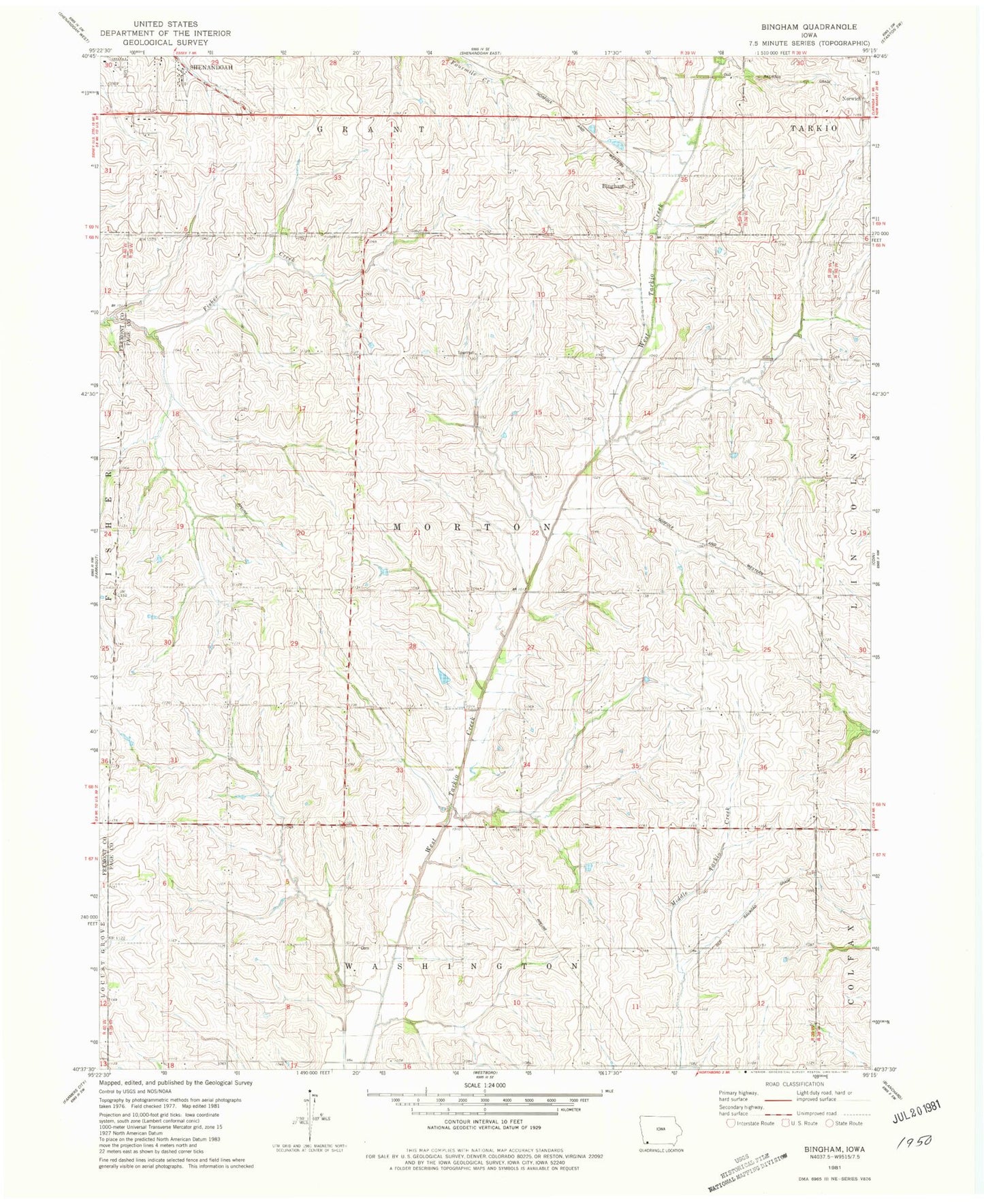 Classic USGS Bingham Iowa 7.5'x7.5' Topo Map Image