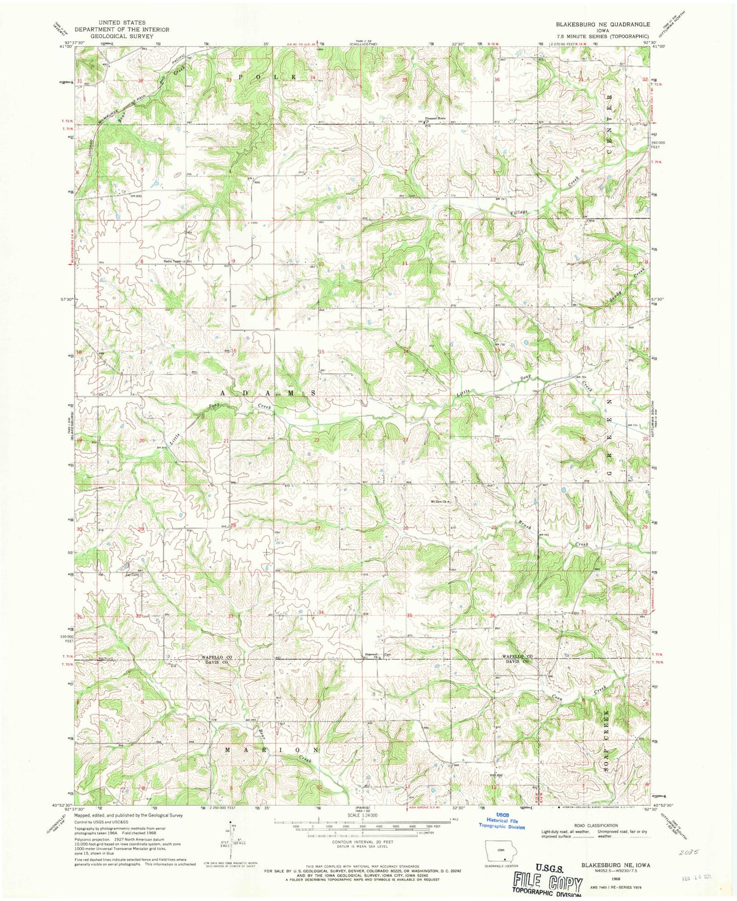 Classic USGS Blakesburg NE Iowa 7.5'x7.5' Topo Map Image