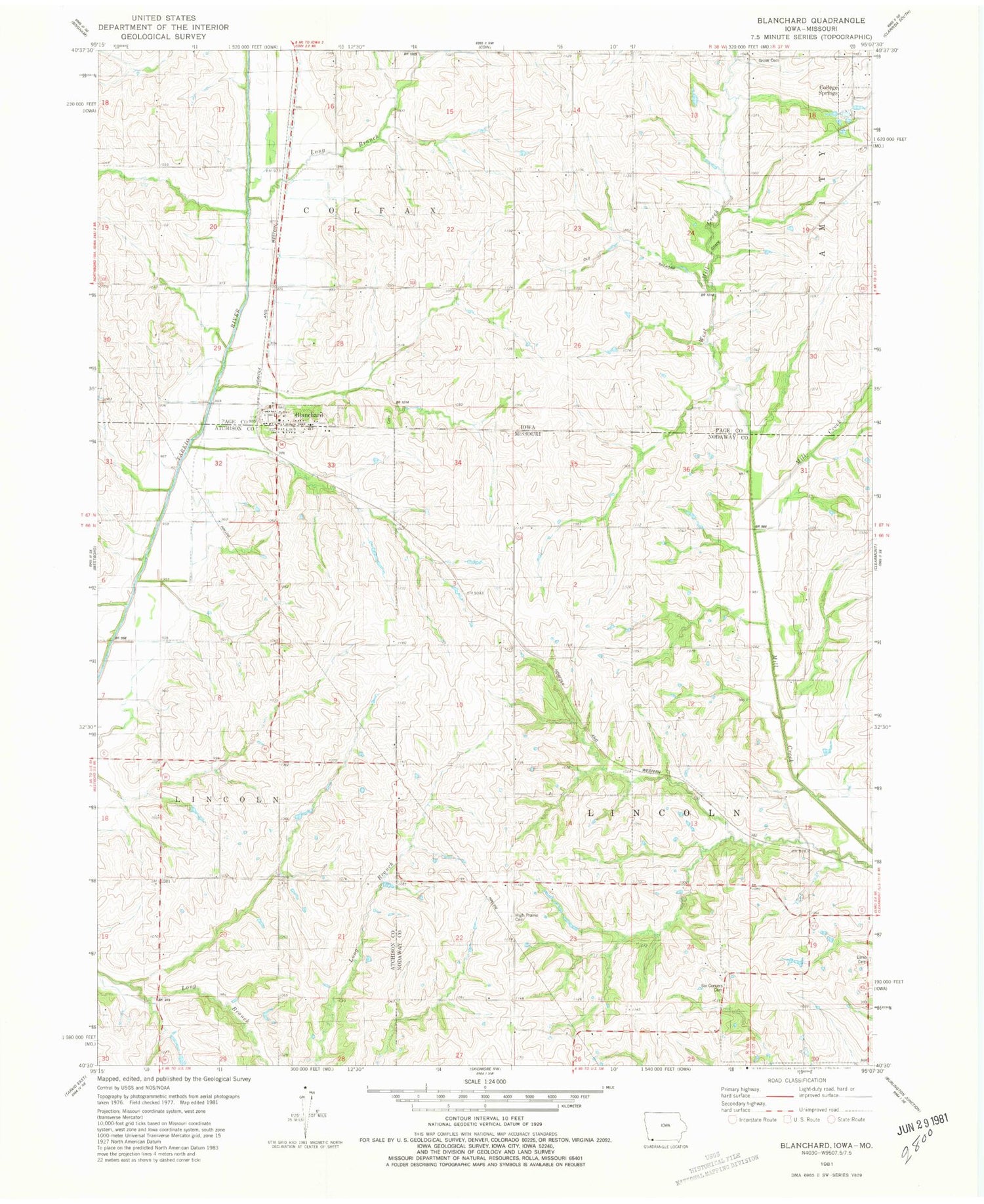 Classic USGS Blanchard Iowa 7.5'x7.5' Topo Map Image
