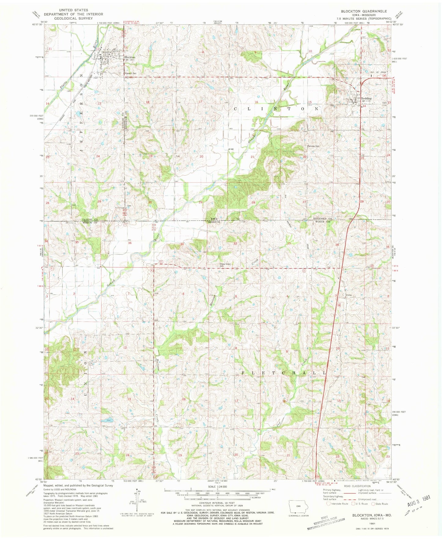 Classic USGS Blockton Iowa 7.5'x7.5' Topo Map Image