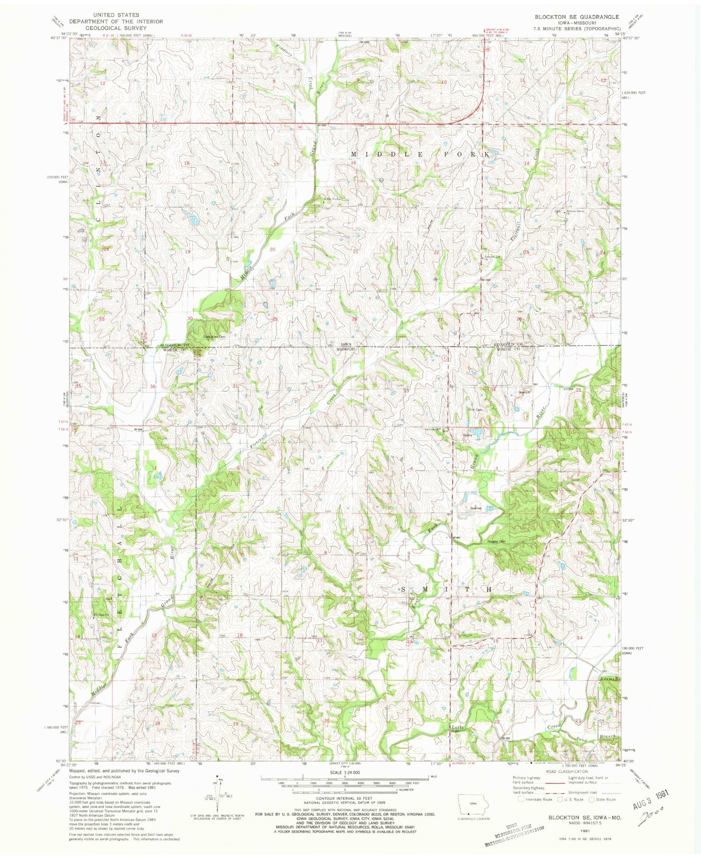 Classic USGS Blockton SE Missouri 7.5'x7.5' Topo Map Image