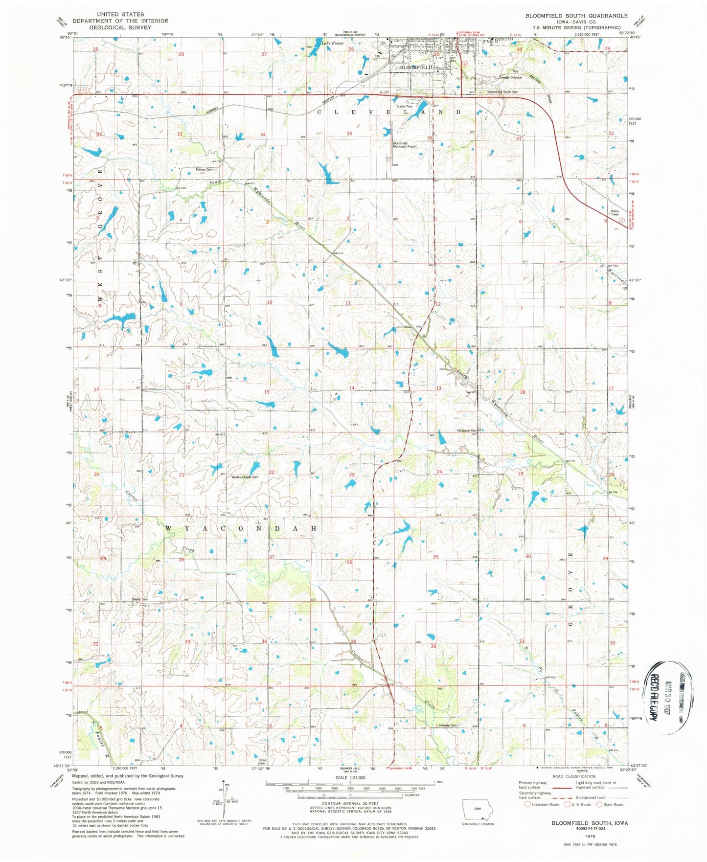 Classic USGS Bloomfield South Iowa 7.5'x7.5' Topo Map Image