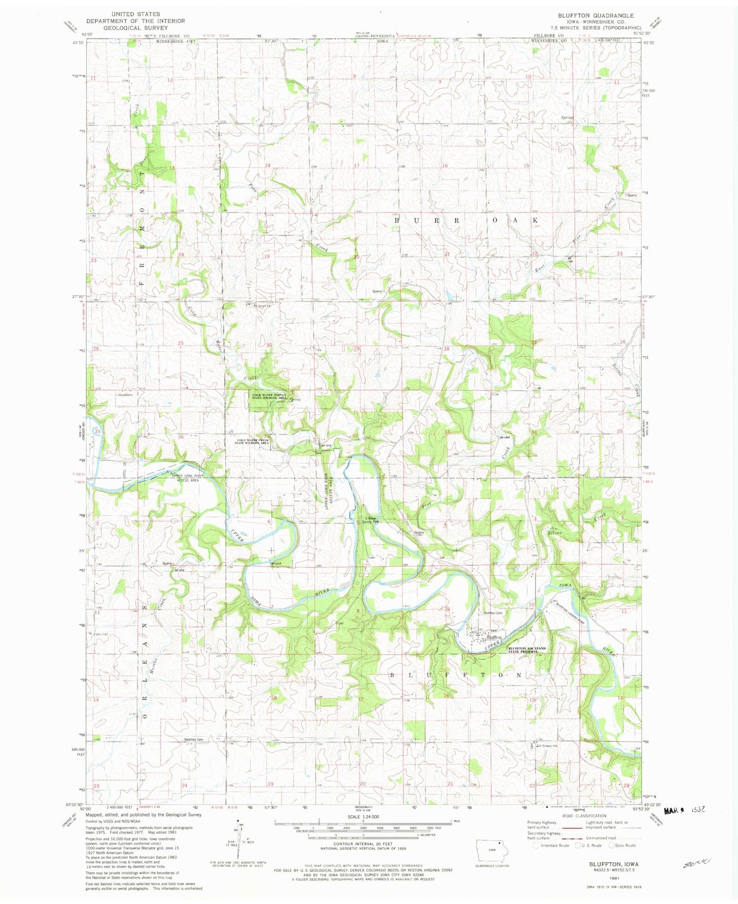 Classic USGS Bluffton Iowa 7.5'x7.5' Topo Map Image
