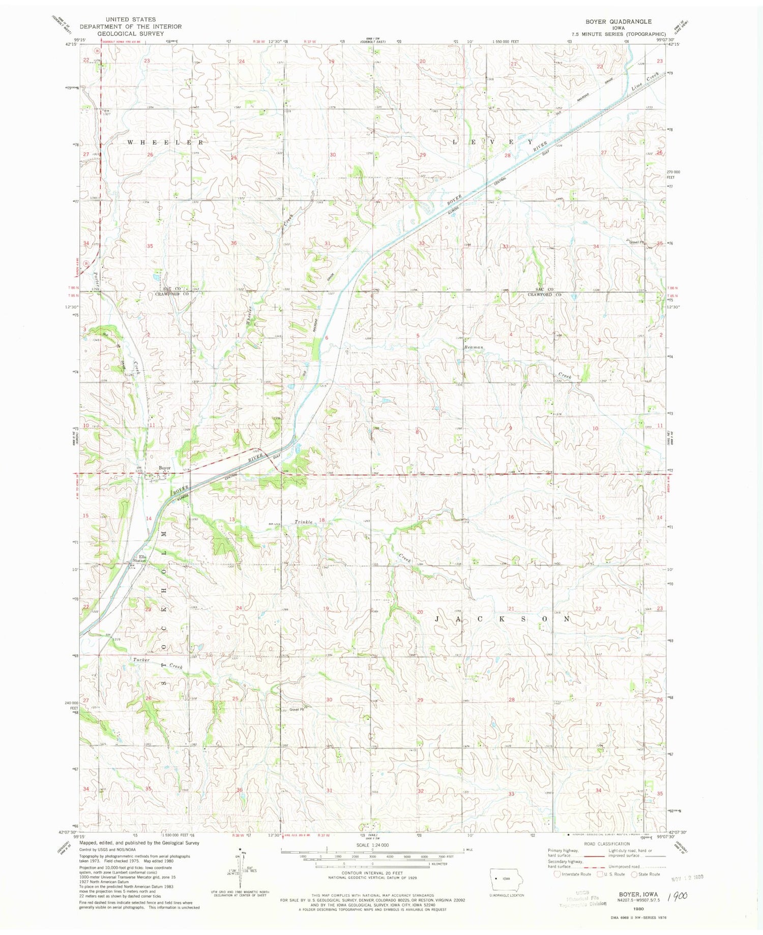 Classic USGS Boyer Iowa 7.5'x7.5' Topo Map Image