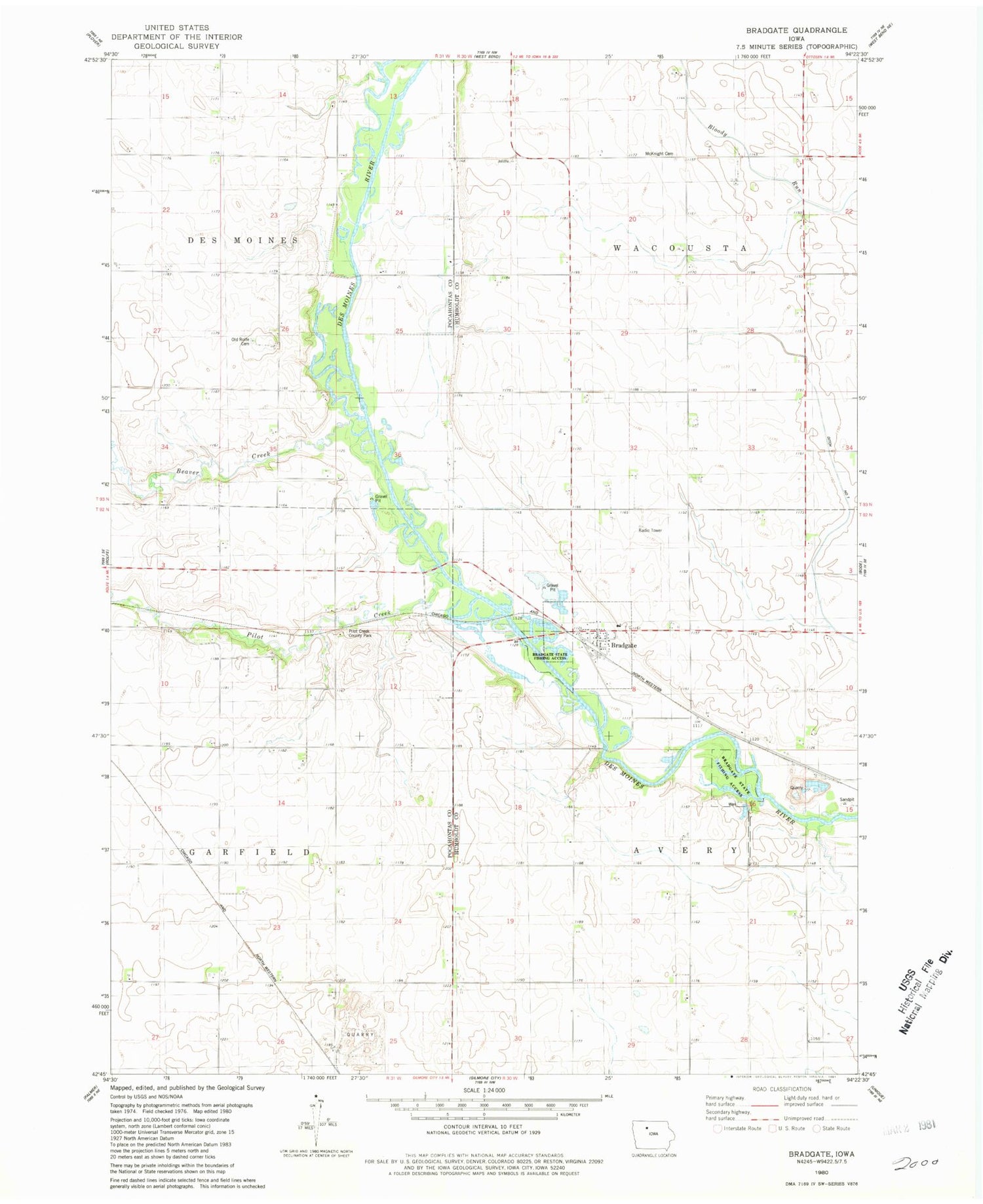 Classic USGS Bradgate Iowa 7.5'x7.5' Topo Map Image