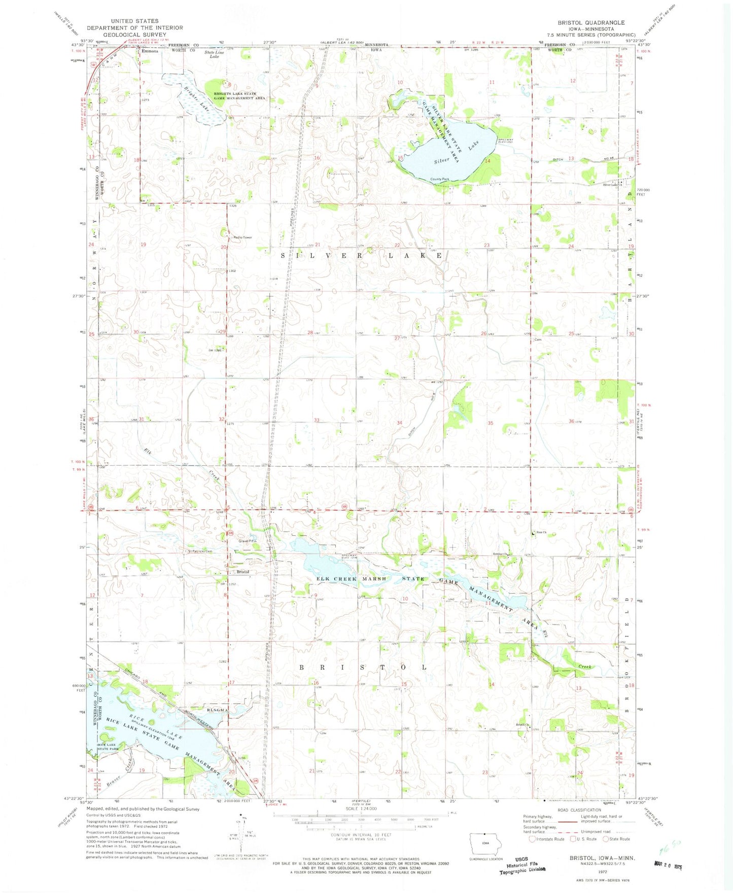 Classic USGS Bristol Iowa 7.5'x7.5' Topo Map Image
