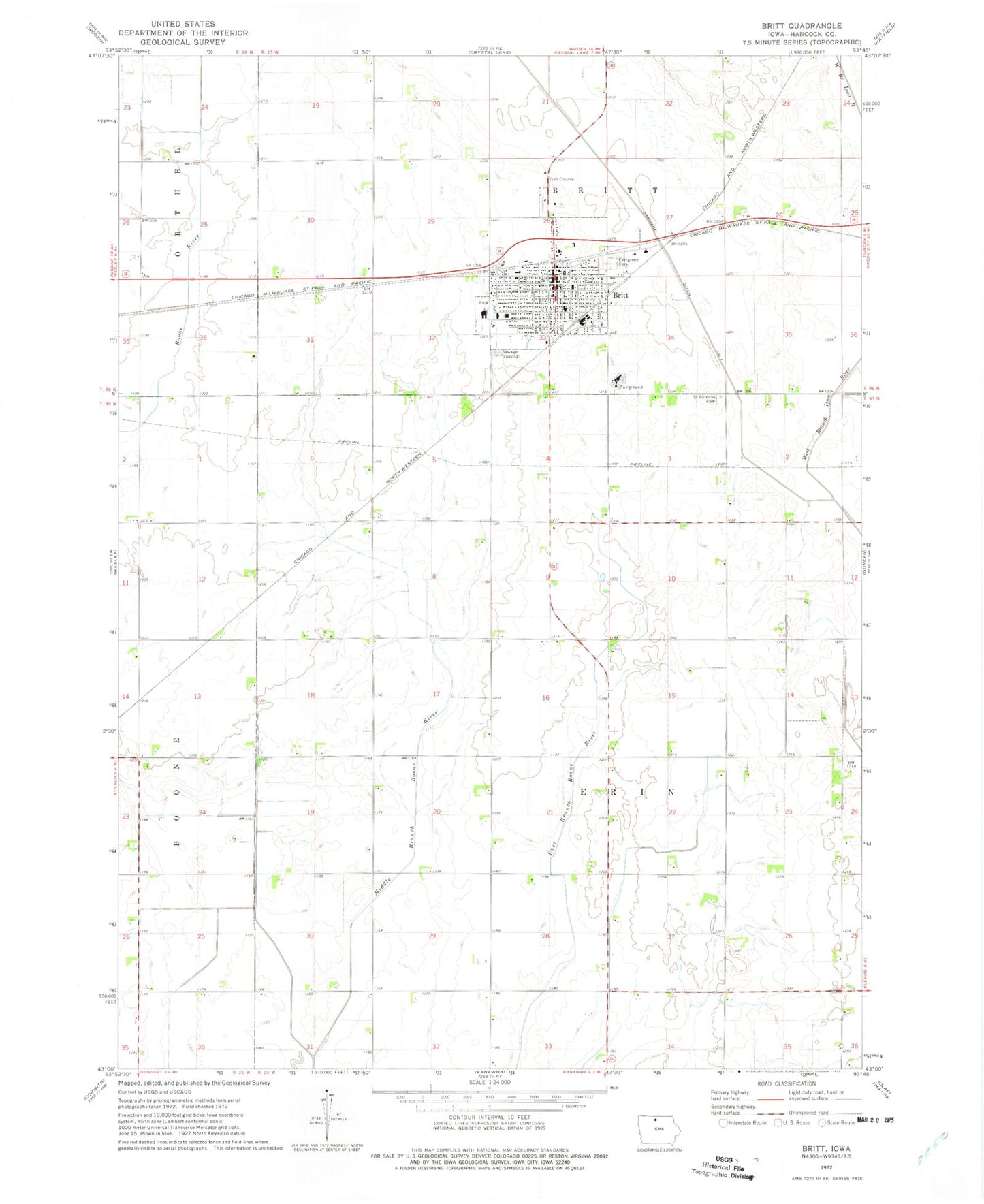 Classic USGS Britt Iowa 7.5'x7.5' Topo Map Image
