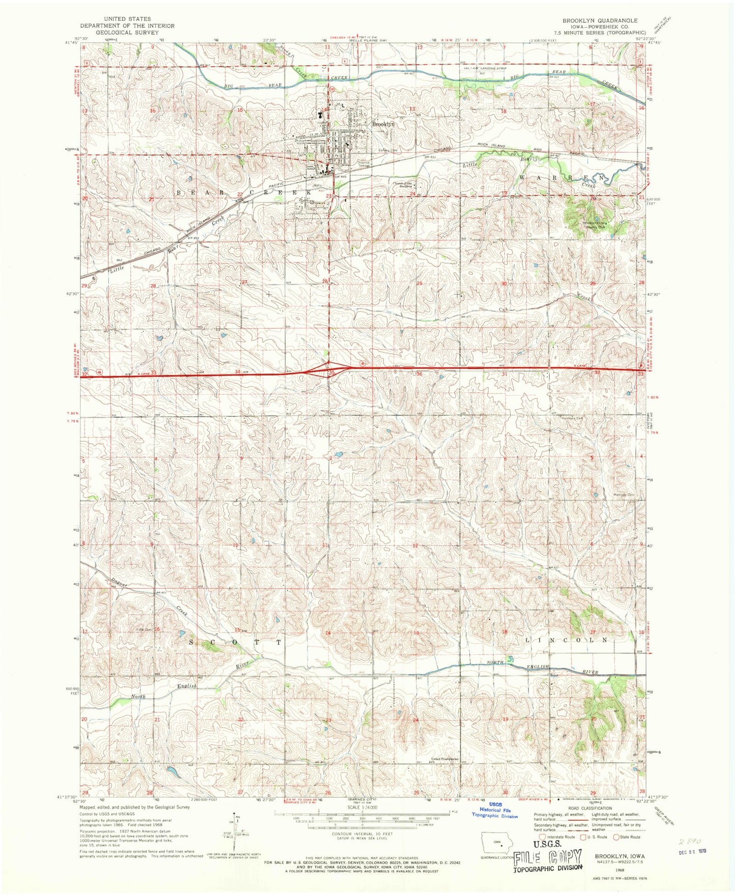 Classic USGS Brooklyn Iowa 7.5'x7.5' Topo Map Image