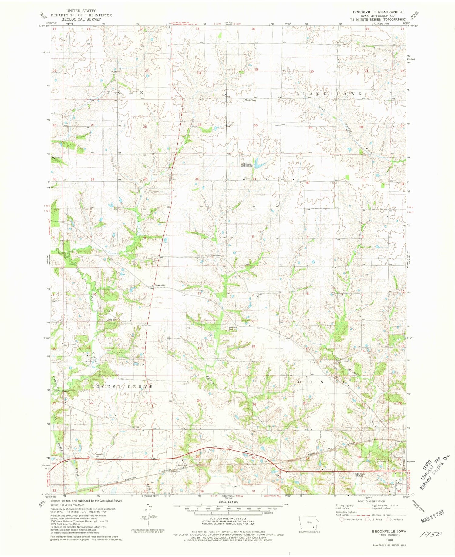 Classic USGS Brookville Iowa 7.5'x7.5' Topo Map Image