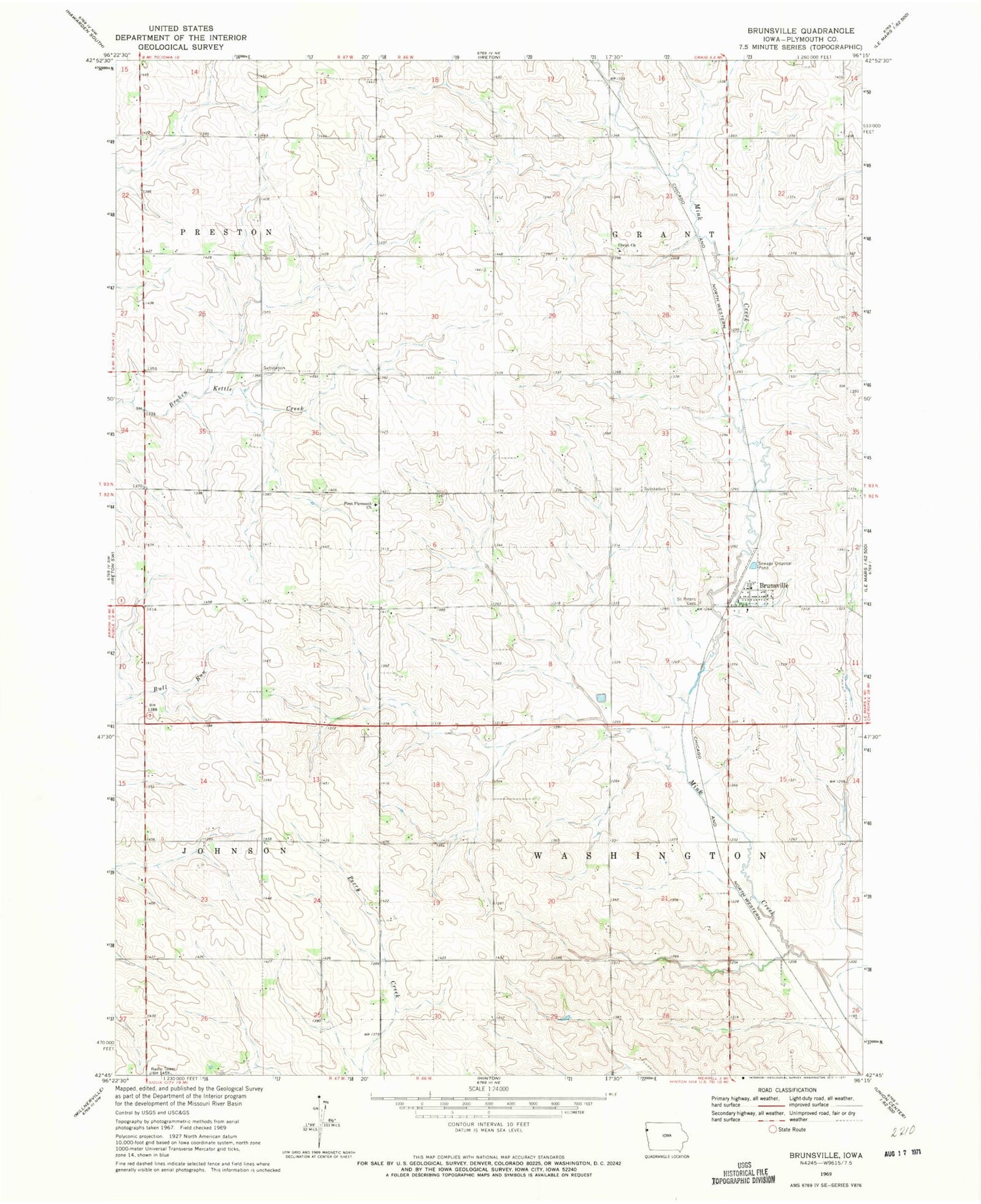 Classic USGS Brunsville Iowa 7.5'x7.5' Topo Map Image