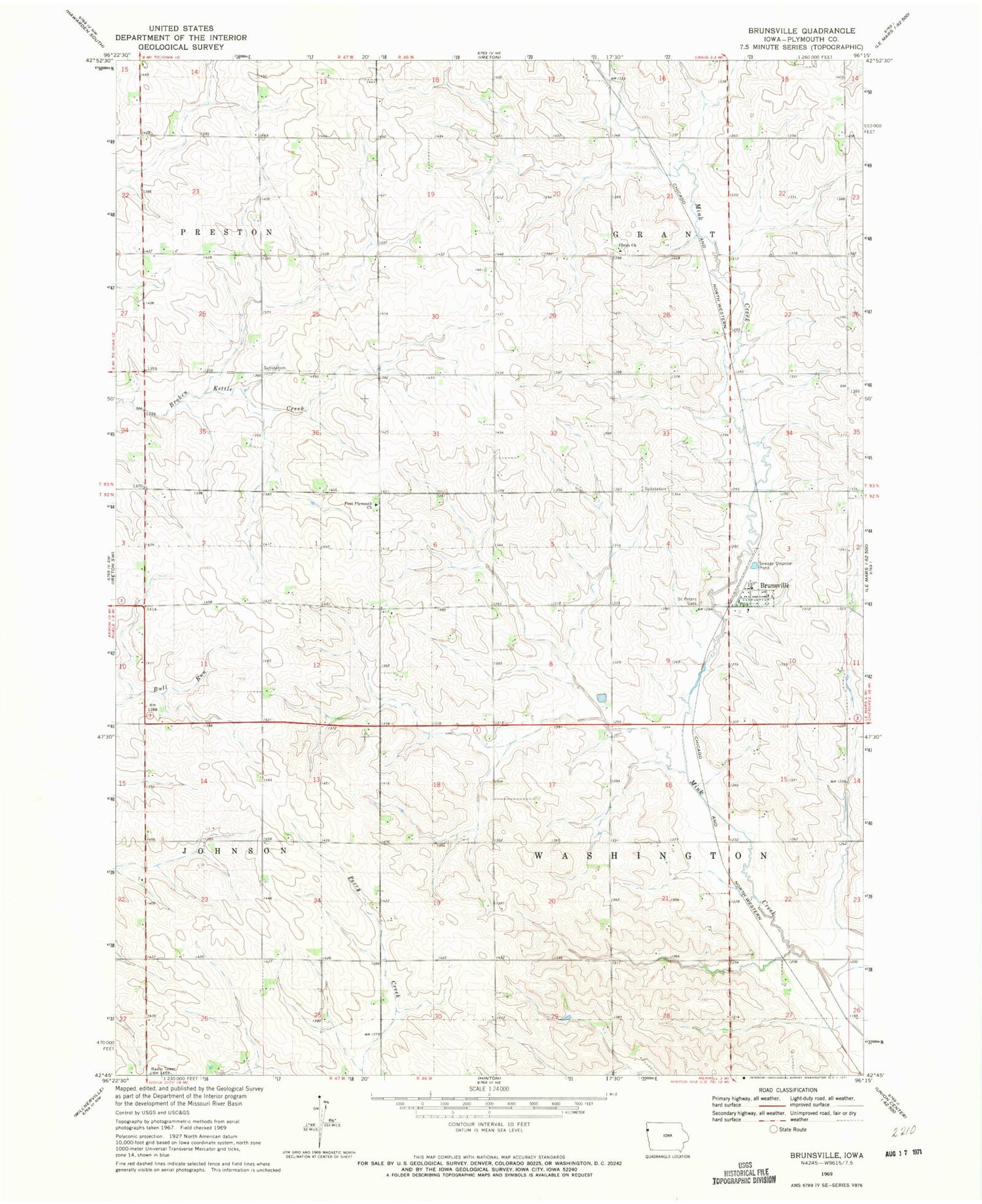 Classic USGS Brunsville Iowa 7.5'x7.5' Topo Map Image