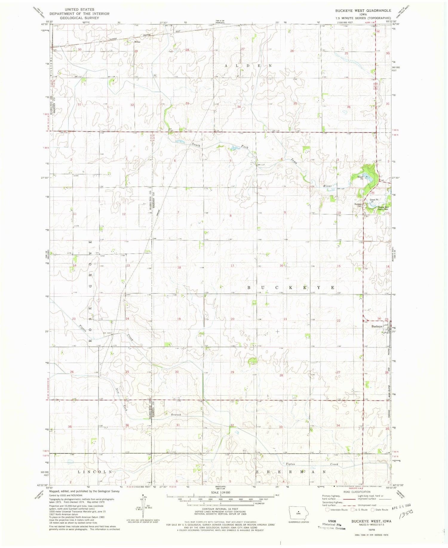 Classic USGS Buckeye West Iowa 7.5'x7.5' Topo Map Image