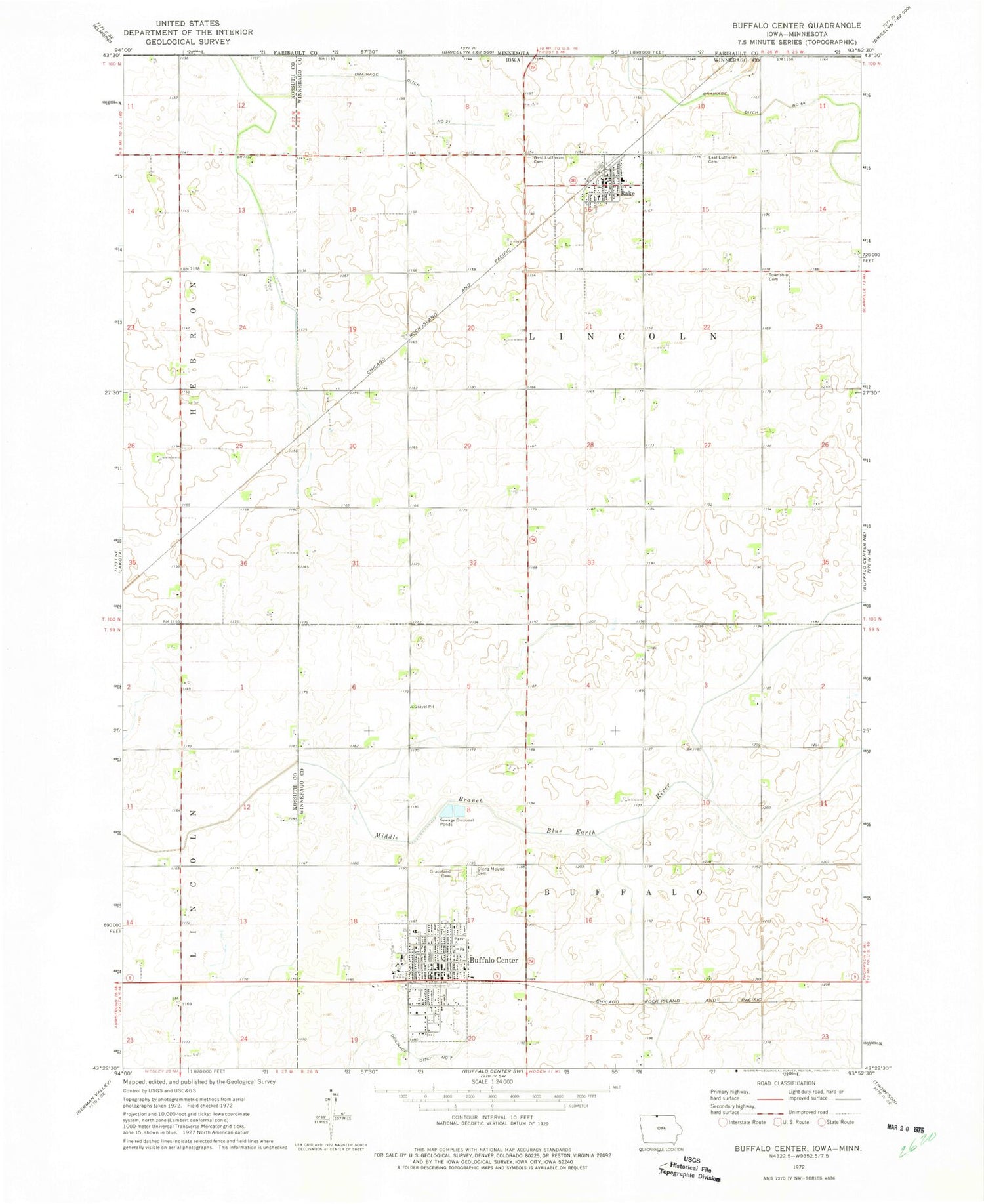Classic USGS Buffalo Center Iowa 7.5'x7.5' Topo Map Image