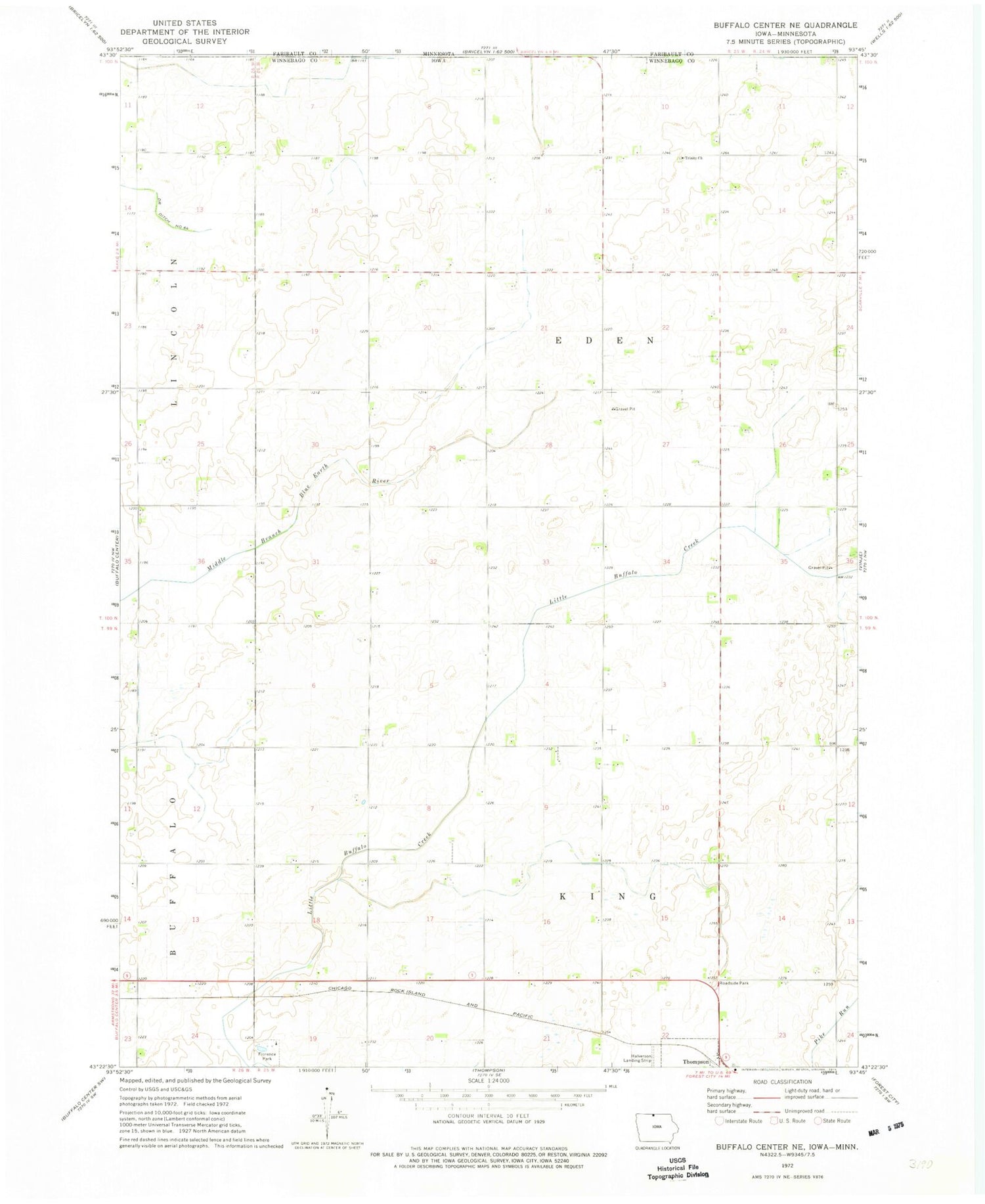 Classic USGS Buffalo Center NE Iowa 7.5'x7.5' Topo Map Image