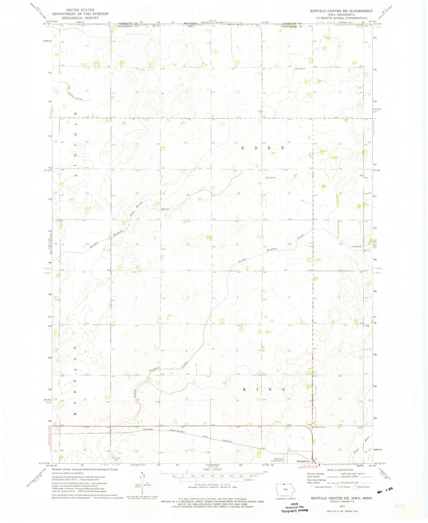Classic USGS Buffalo Center NE Iowa 7.5'x7.5' Topo Map Image
