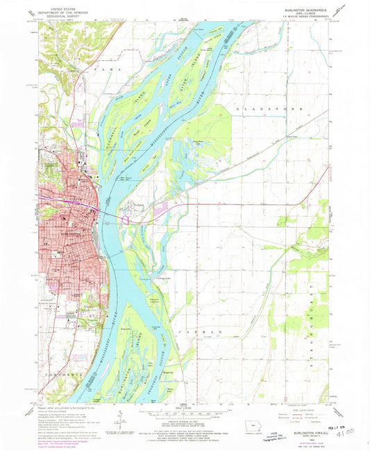Classic USGS Burlington Iowa 7.5'x7.5' Topo Map Image