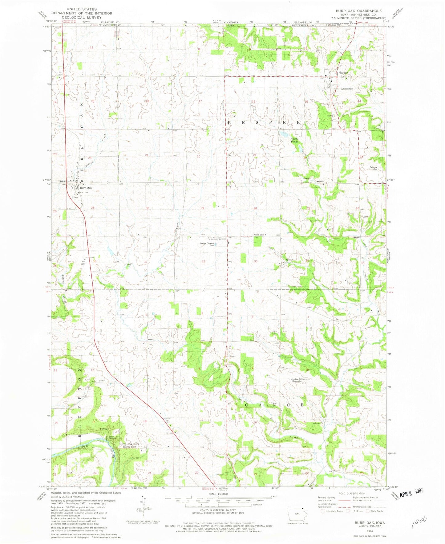 Classic USGS Burr Oak Iowa 7.5'x7.5' Topo Map Image
