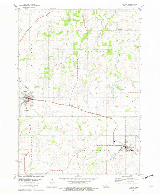Classic USGS Calmar Iowa 7.5'x7.5' Topo Map Image