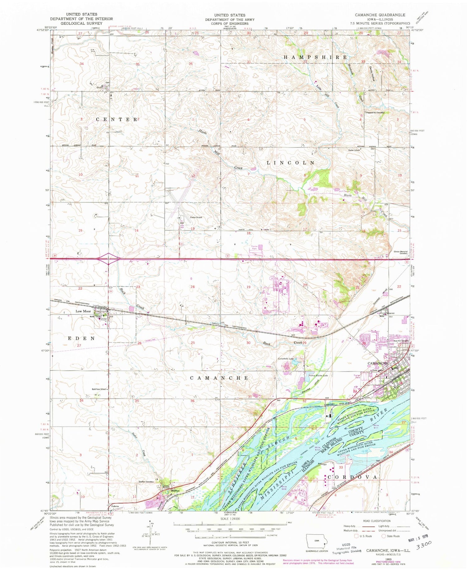 Classic USGS Camanche Iowa 7.5'x7.5' Topo Map Image