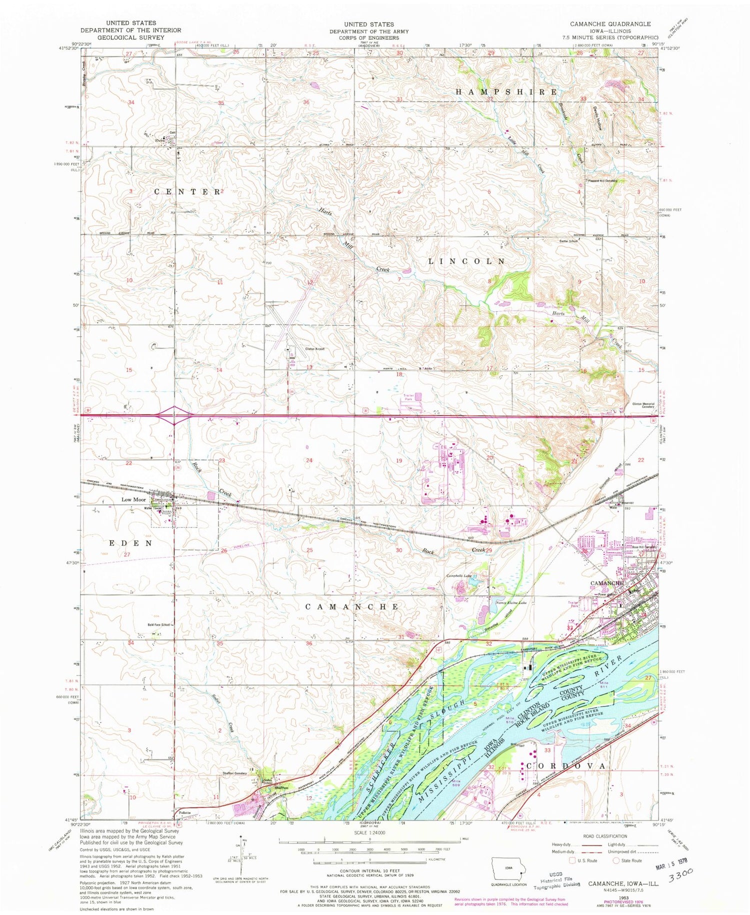 Classic USGS Camanche Iowa 7.5'x7.5' Topo Map Image