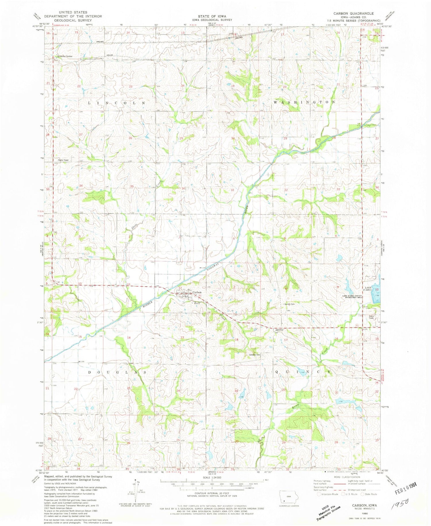 Classic USGS Carbon Iowa 7.5'x7.5' Topo Map Image