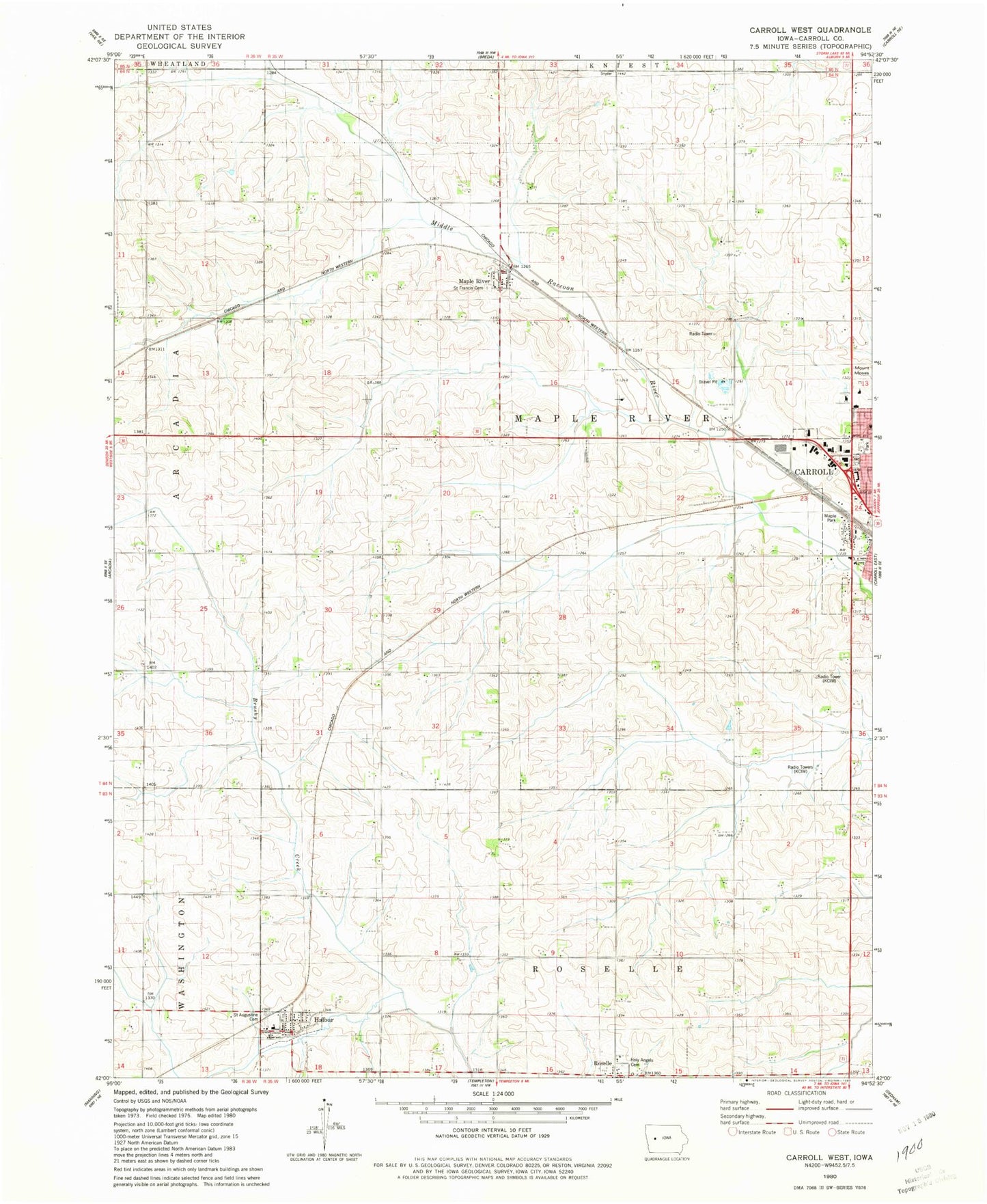 Classic USGS Carroll West Iowa 7.5'x7.5' Topo Map Image