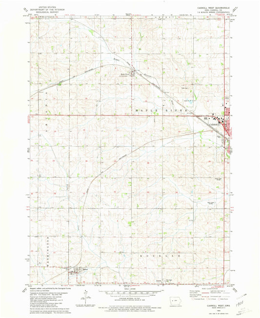 Classic USGS Carroll West Iowa 7.5'x7.5' Topo Map Image