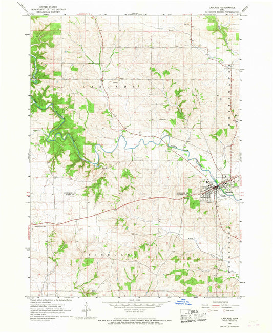 Classic USGS Cascade Iowa 7.5'x7.5' Topo Map Image