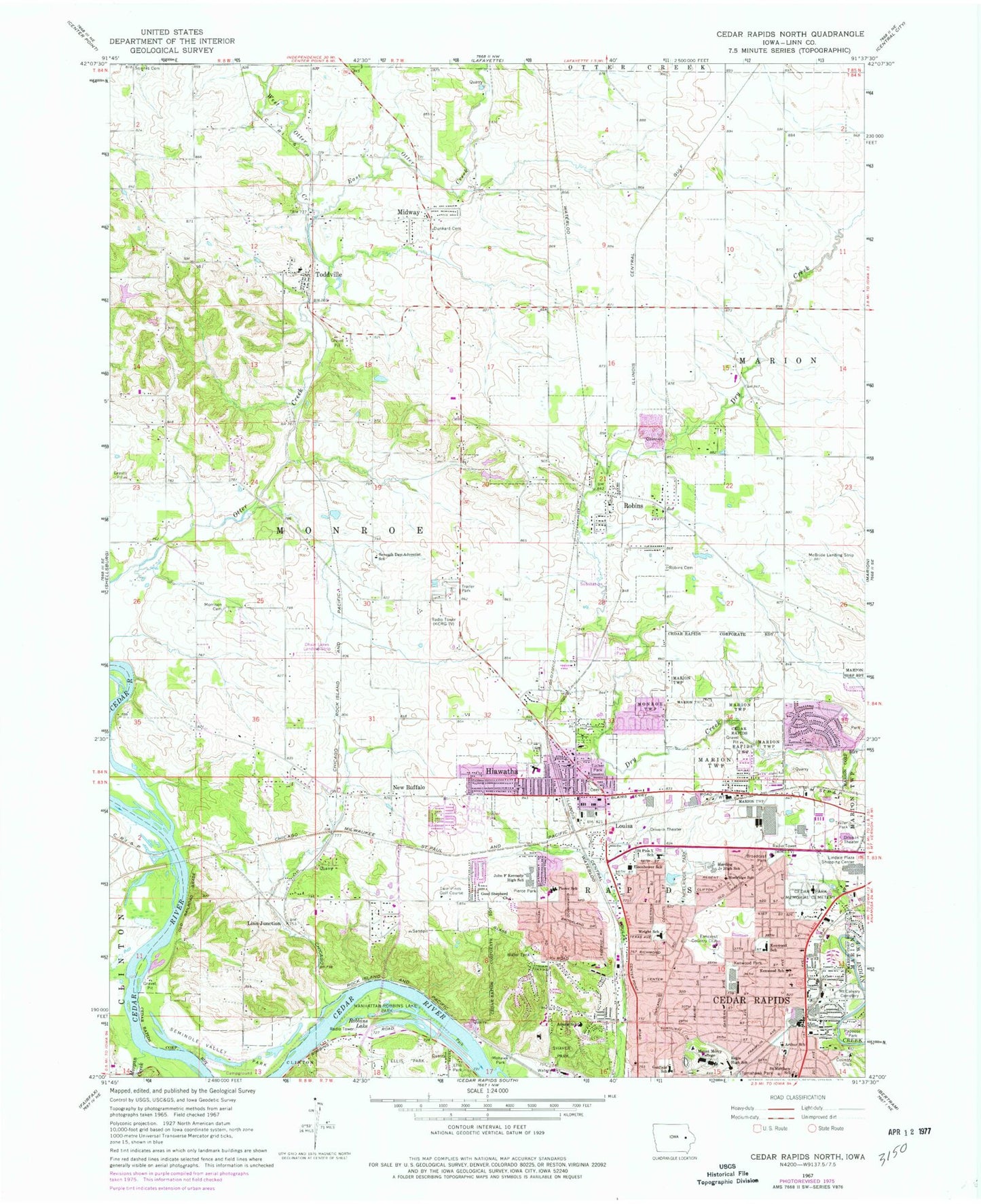Classic USGS Cedar Rapids North Iowa 7.5'x7.5' Topo Map Image