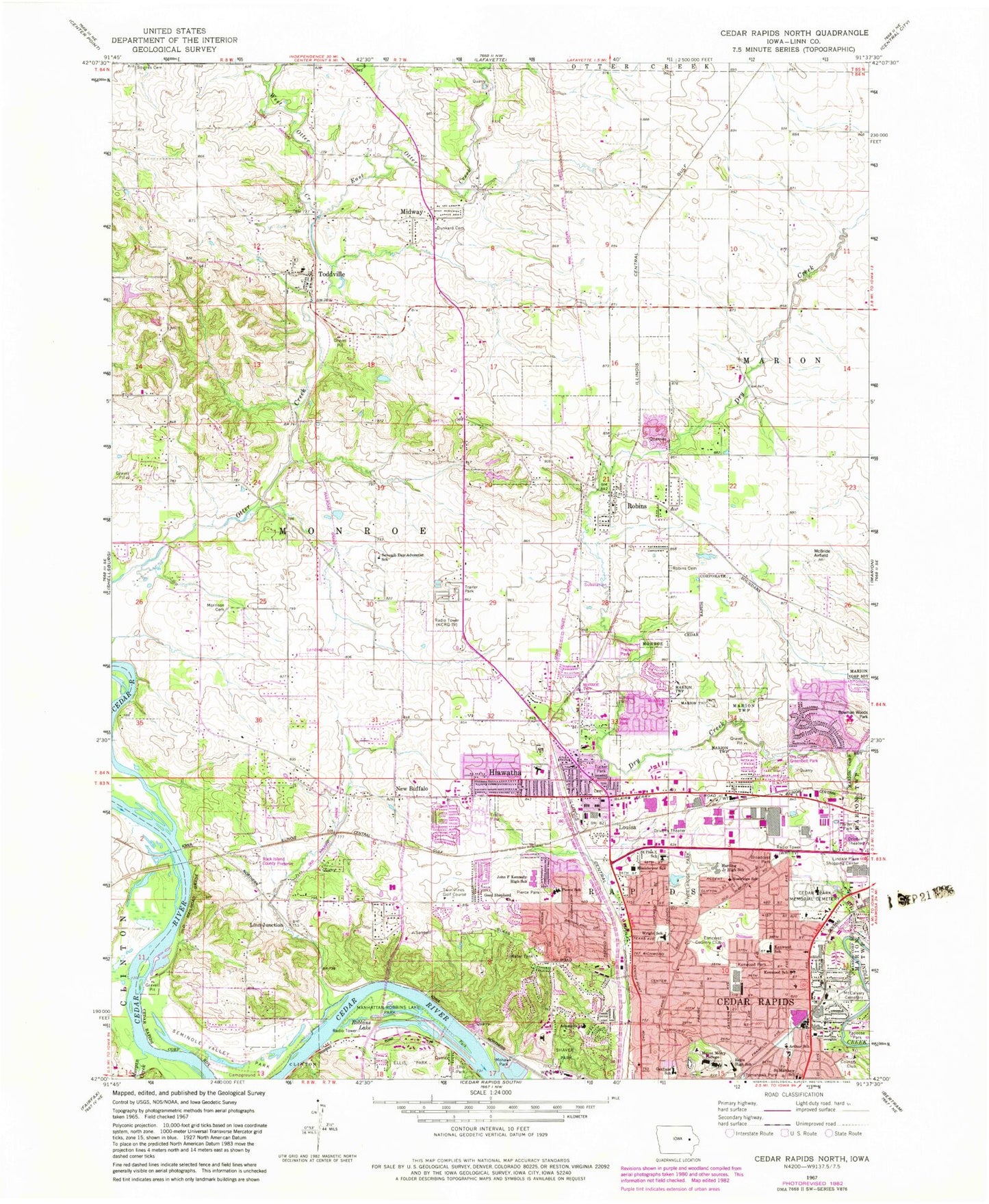 Classic USGS Cedar Rapids North Iowa 7.5'x7.5' Topo Map Image