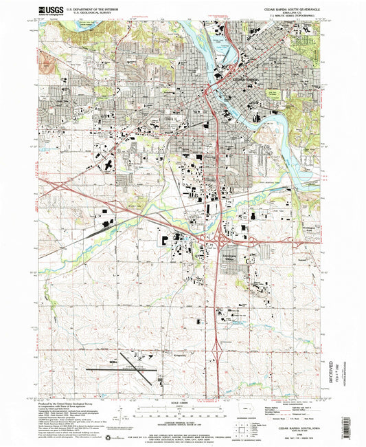 Classic USGS Cedar Rapids South Iowa 7.5'x7.5' Topo Map Image